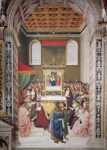Italien, Siena, Katedral, Piccolomini Bibliotek, Enea Silvio Piccolomini modtager kardinalhat fra Calixtus III, detaljer fra Historier om Pius II