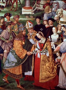 Poeten Enee Silvio Piccolomini præsenterer Eleonore af Portugal til kejser Frederik III af Det Hellige Rige ved Camollia-porten. Detalje af Pave Pius II