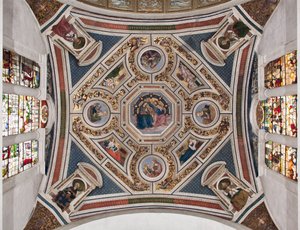 Jomfruens kroning "" De fire evangelister"" "Sibyllerne"" og "" kirkens læger""" Korhvælving lavet af Pinturicchio (Bernardino di Betto) (1454-1513) - 1508-1510 Basilica af Santa Maria del Popolo (Santa Maria del Pop-kirken af Bernardino di Betto Pinturicchio