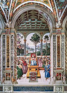 Piccolomini-biblioteket, den nordøstlige mur: "Aeneas Sylvius holder en tale for kong James I af Skotland, vinteren 1435" af Bernardino di Betto Pinturicchio
