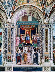 Piccolomini-biblioteket, sydvestvæggen: “ Pius II kanoniserer St. Catherine of Siena, 29. juni