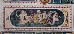 Piccolomini-biblioteket, loftet: mindre panel med scene af maritim thiasus (tritoner, putto og en nereid), fresko af Bernardino di Betto, kendt som Pinturicchio. af Bernardino di Betto Pinturicchio