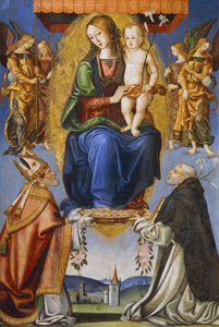 Madonna og barn med St. Severino og Dominic (tempera på lærred) af Bernardino di Mariotto