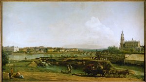 Dresden, Tyskland, set fra Elbens venstre bred, under fæstningsanlægget (olie på lærred) af Bernardo Bellotto
