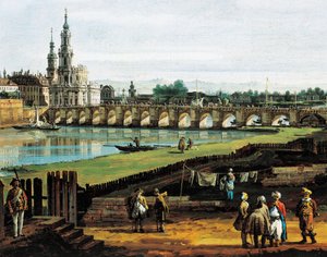Dresden fra Elbens højre bred opstrøms fra Augustusbroen, ca. 1750, af Bernardo Bellotto, kendt som Canaletto (1721-1780), olie på lærred, 50x84 cm, Detalje af Bernardo Bellotto