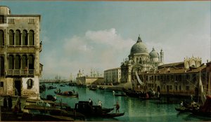 Udsigt over Canal Grande: Santa Maria della Salute og Dogana fra Campo Santa Maria Zobenigo af Bernardo Bellotto