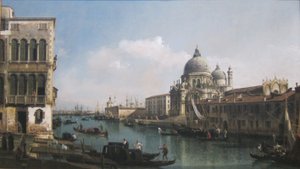 Udsigt over Canal Grande: Santa Maria della Salute og Dogana fra Campo Santa Maria Zobenigo af Bernardo Bellotto