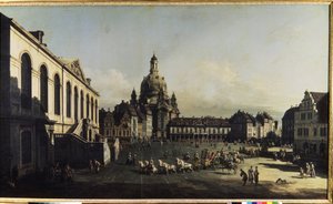 ""Udsigt over den nye markedsplads i Dresden"" (Neumarkt i Dresden) Vi kan se Vor Frue Kirke (Notre-Dame) (Frauenkirche) Maleri af Bernardo Bellotto (1720-1780) 1747 Dim. 134x236 cm Museum of the 