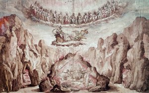 Projekt til indretning og maskineri af et mellemprodukt, Le Tromphe de Circe. Tegning af Bernardo Buontalenti dit delle Girandole (ca. 1523-1608) Søn. 0,46x0,72 m. Paris, Louvre-museet