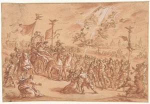 En hellig biskop knæler ved siden af ​​en romersk imperators procession af Bernardo Castello (attributed to)