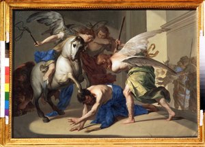 ""Uddrivelsen af ​​Heliodorus fra templet"" (Uddrivelsen af ​​Heliodorus fra templet) Heliodorus (Heliodoros) bliver fordrevet fra templet, fordi han efter ordre fra sin suveræn har forsøgt at erobre skattene i Jerusalems tempel. Maleri af Bernardo Cavalli