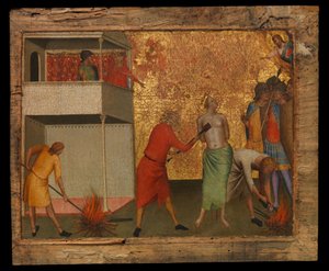 Saint Reparata tortureret med rødglødende jern, ca. 1327-48 (tempera på træ) af Bernardo Daddi