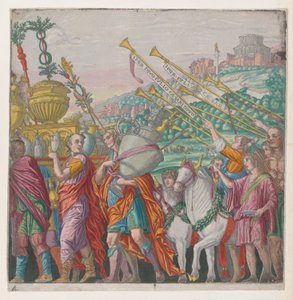 Ark 4: Mænd, der bærer trofæer til venstre, trompetister til højre, fra The Triumph of Julius Ca..., 1599.