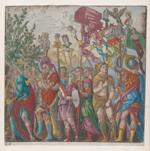 Ark 7: procession af musikere og andre, der holder standarder, fra The Triumph of Julius ..., 1599.
