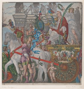 Ark 9: Julius Cæsar i sin hestetrukne vogn, fra The Triumph of Julius Cæsar, 1599.