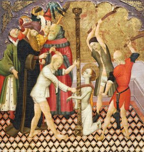 St Eulalias flagelation, detalje fra predellaen af en altertavle fra Vic-katedralen, af Bernat Martorell (ca. 1400-1452), malet på træ. catalansk gotisk kunst.