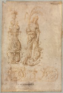 Design til en kandelaber, allegorisk figur af overflod, dekorativt reliefdesign, ca. 1490