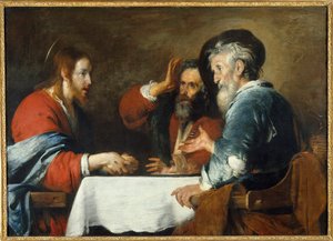 Kristus har Emmaus Kristus viser sig for pilgrimmene, der sidder ved et bord i en kro i Emmaus. Maleri af Bernardo Strozzi (1581-1644) 1640 søn. 1,24x1,72 m Grenoble, Musee des Beaux Arts af Bernardo Strozzi