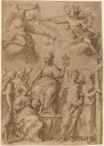 Ecclesia omgivet af engle, der holder passionens instrumenter af Bernardo Strozzi