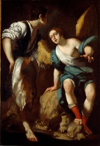 Den unge Tobie og ærkeenglen Raphael (Tobie og englen) Maleri af Bernardo Strozzi (1581-1644) 1600-tallets gener, privat samling af Bernardo Strozzi