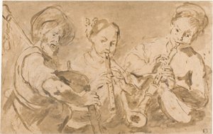 Tre musikere spiller på horn og pibe af Bernardo Strozzi