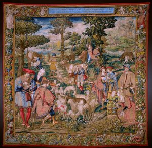 flamsk gobelin. Serie The Foundation of Rome: Faustulus møder Romulus og Remus. Tegneren Barend van Orley (?). Bruxelles fremstilling. 1525-1530.