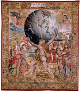 flamsk gobelin. Serien The Spheres. Hercules støtter himmelsfæren (Hércules sostiene la esfera celeste). Første gobelin i serien. Model Barend van Orley eller Pieter Coecke van Aelst. 1525-1530. Fremstilling Joris Vezeleer (Georg Wezeler)?, B