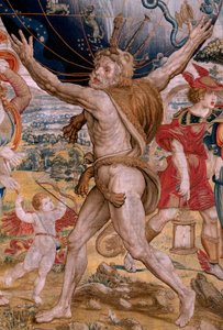 flamsk gobelin. Serien The Spheres. Hercules, der støtter himmelsfæren (Hércules sostiene la esfera celeste). Første gobelin i serien. Model Barend van Orley eller Pieter Coecke van Aelst. 1525-1530. Fremstilling Joris Vezeleer (Georg Wezeler)?,