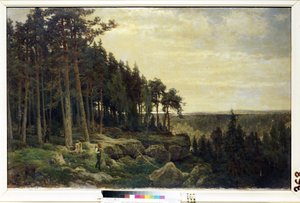 "En skovhugger og en jæger i et skovlandskab" Maleri af Berndt Lindholm (1841-1914) Mikhail Kroshitsky kunstmuseum, Sevastopol (Sevastopol) Ukraine
