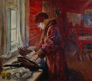 Plukker hønen (olie på lærred)