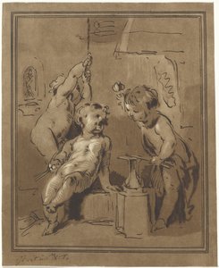 Tre putti ved en ambolt af Bernhard Schreuder