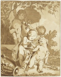 Fire putti, der plukker druer ved en vase