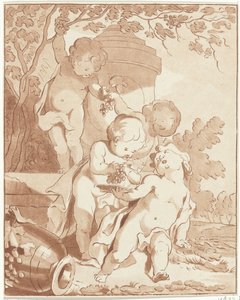 Fire putti, der plukker druer ved en vase af Bernhard Schreuder