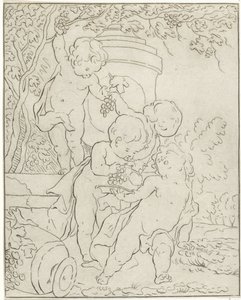 Fire putti, der plukker druer ved en vase