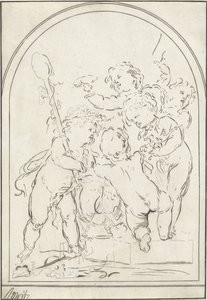 Fem putti ved en vase med vinstokke