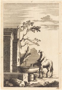 Hest og rytter ved et springvand af Bernhard Zaech after Jonas Umbach