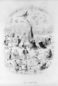 Drikkevarer: en menneskemængde i tilbedelse foran en flaske vin og de forskellige typer drinks i Brillat - Savarin illustreret af Bertall. Paris 1840.Jean Anthelme Brillat Savarin (Brillat-Savarin) (1755-1826) fransk gastronom.