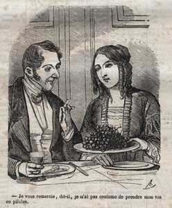 Tak, jeg er ikke vant til at tage min vin i piller (drue) - indgravering i "La Physiologie du gout"" af Jean Anthelme Brillat Savarin (Brillat-Savarin)