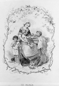 Nanan: en ung mor giver mad til sine tre børn i "La Physiologie du Gout"" af Brillat - Savarin illustreret af Bertal. Paris 1840. Jean Anthelme Brillat Savarin (Brillat-Savarin) (1755-1826) fransk gastronom.