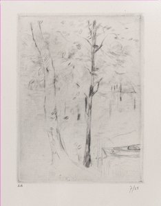 Landskabstræstammer nær en flod, 1888. af Berthe Morisot