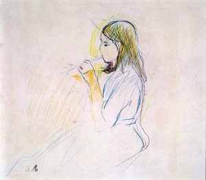 Manets datter spiller blokfløjten (farvet blyant på papir) af Berthe Morisot