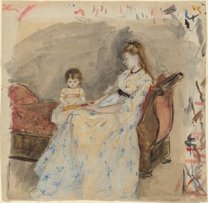 Kunstnerens søster, Edma, med datteren Jeanne, 1872 (wc over grafit på bindet papir) af Berthe Morisot