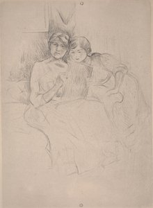Tegneundervisningen - Berthe Morisot tegner med sin datter, ca. 1889-90 (tørpunkt) af Berthe Morisot