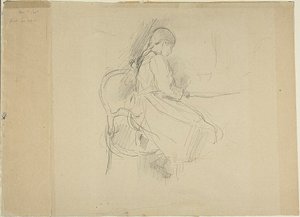 Ung pige sidder ved et bord af Berthe Morisot