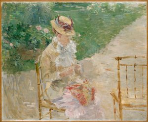 Ung kvinde strikning, ca. 1883 (olie på lærred) af Berthe Morisot