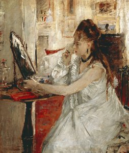 Ung kvinde pulveriserer sit ansigt (olie på lærred af Berthe Morisot