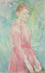 Ung pige i lyserød kjole (pastel på papir) af Berthe Morisot