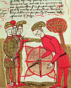 Ms 327 fol.216v Landmålere, der arbejder med en plan og kompasser, fra Traite dArpentage af Arnaud de Villeneuve (1240-1312)