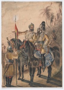 To beredne officerer og en afmonteret sowar, 4th Bengal Irregular Cavalry, ca. 1850 (akvarel) af Bethune Donald Grant