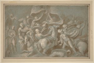 Battle Scene (pensel og brunvask med hvid gouache over sort kridt på blåt papir) af Biagio Pupini